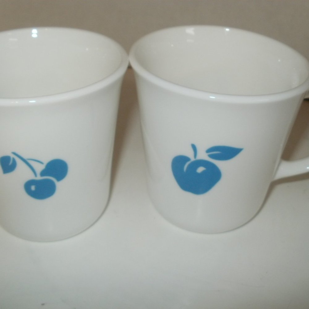 4 Corning Ware Mugs "Eve" Blue Apple & Cherry